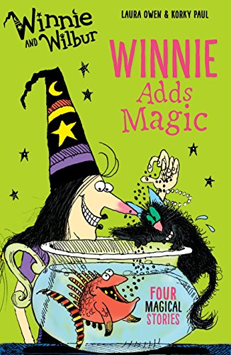 Book cover: witch Winnie with black cat Wilbur and magical creatures.