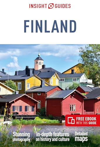 Insight Guides Finland travel book cover showing colorful wooden houses by a river.