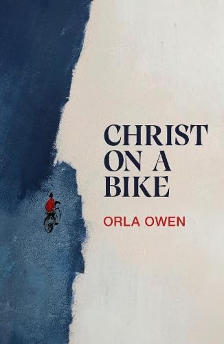 Book cover: figure on a bicycle, split blue and white background.