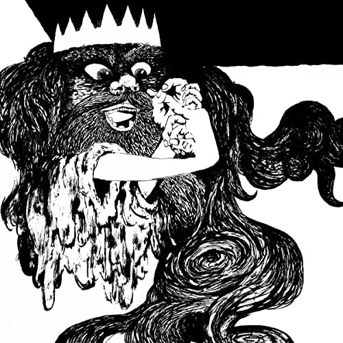 Black and white illustration of a crowned, monstrous figure with flowing hair.