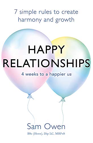 Book cover with title “Happy Relationships” and pastel balloon imagery.