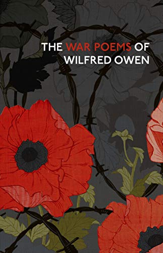Book cover with red poppies and barbed wire on a dark background, titled "The War Poems".
