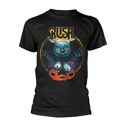 Black t-shirt with a graphic of an owl and the band “Rush”.