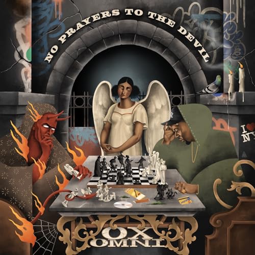 A devil and a man in a hoodie playing chess with an angel watching.