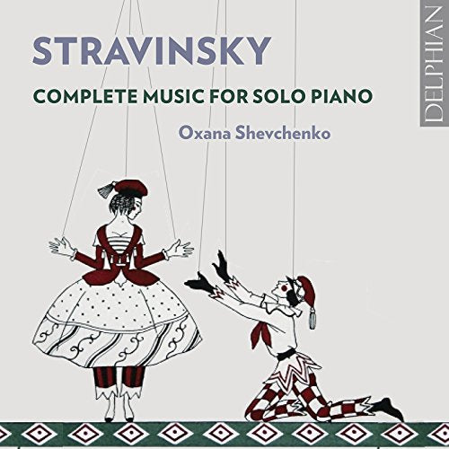 CD cover art featuring two marionette-style figures and text for Stravinsky piano music.