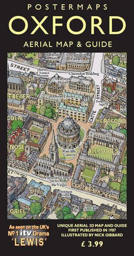 Detailed illustrated aerial map of Oxford city center, with building names.