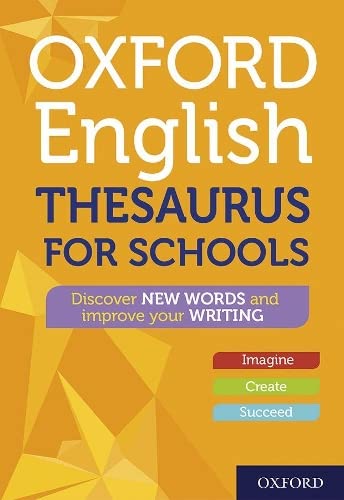 Cover of the Oxford English Thesaurus for Schools with yellow geometric background.