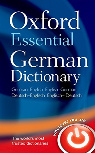 Oxford Essential German Dictionary cover with blue background and a red power button icon.