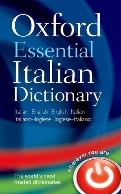 Oxford Essential Italian Dictionary cover with blue background and a red power button icon.