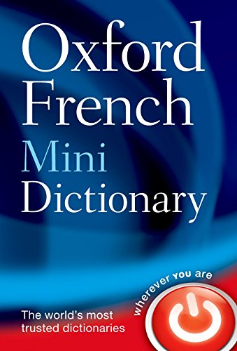 Oxford French Mini Dictionary cover with blue and red abstract background and power icon.
