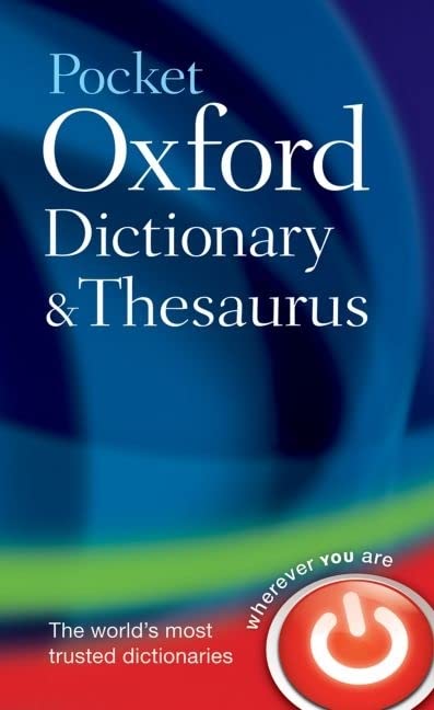 Cover of Pocket Oxford Dictionary and Thesaurus with blue background and power button icon.