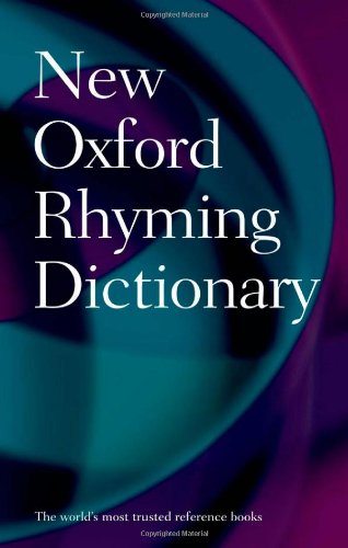 "Book cover with 'New Oxford Rhyming Dictionary' title on blue and purple swirling background."