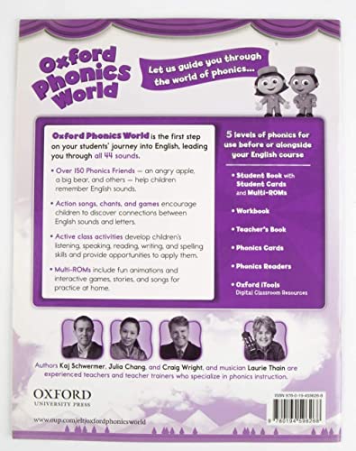 Back cover of "Oxford Phonics World: Level 1: Workbook" with colorful graphics.