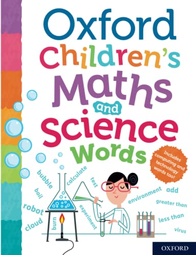 Book cover: "Oxford Children's Maths and Science Words" with illustrations.