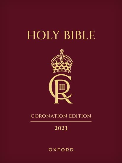 Red Bible cover with gold crown and “Holy Bible” text.