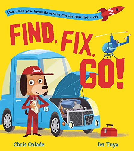 Book cover with a cartoon dog mechanic and a car with open hood.