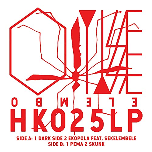 Red graphic vinyl record cover with abstract shapes and track listing details.