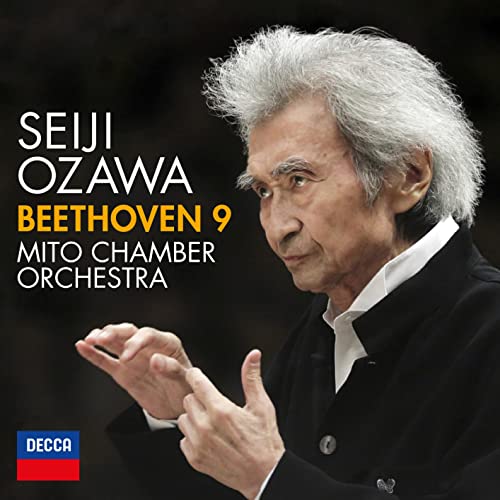 Seiji Ozawa portrait, conducting, with text "Beethoven 9" and Decca logo.