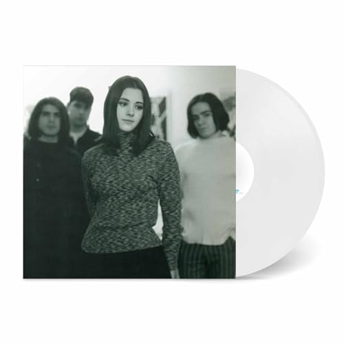 A black and white photo of a band next to a white vinyl record.