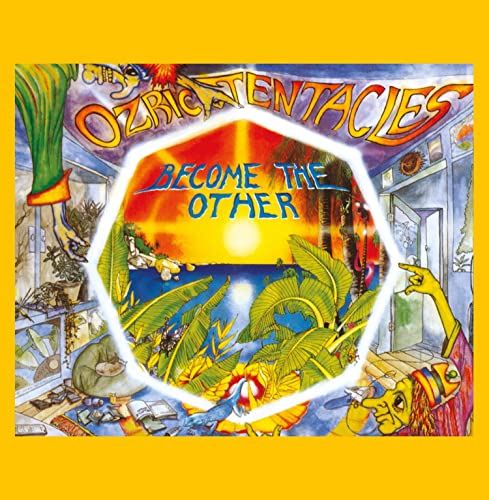 Album cover art featuring a hexagonal tropical sunset scene surrounded by surreal, colorful illustrations.