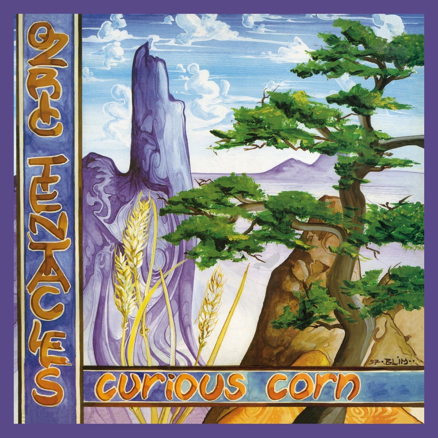 Surreal landscape painting with a stylized tree, wheat stalks, and purple rock formations.