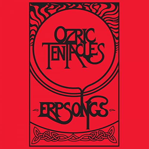 Album cover with black text Ozric Tentacles and Erpsongs on a red background.