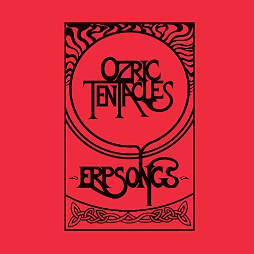 Red album cover for Ozric Tentacles’ “Erpsongs” with black art nouveau design.