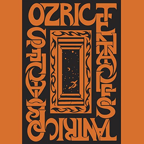 CD cover for Ozric Tentacles’ “Tantric Obstacles” with ornate orange lettering.
