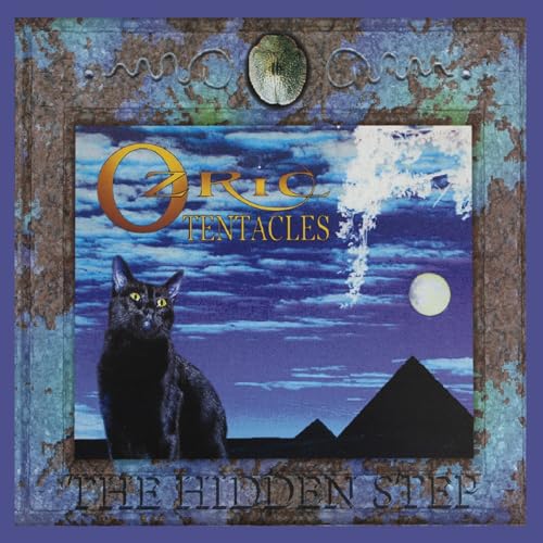 Album cover: black cat, pyramid, moon, and swirling blue sky within ornate frame.