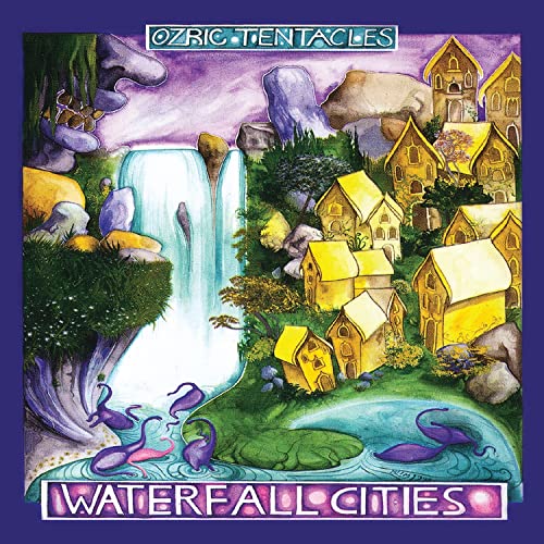 Surreal painting of yellow houses, a waterfall, and purple creatures in a landscape.