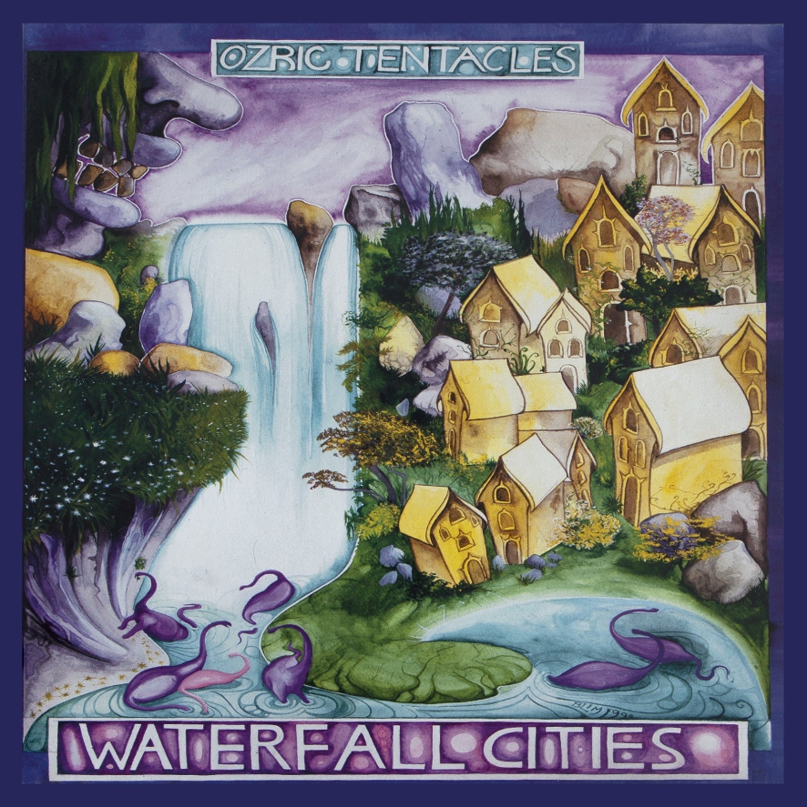 Watercolor painting of a fantasy village with a waterfall and purple creatures.