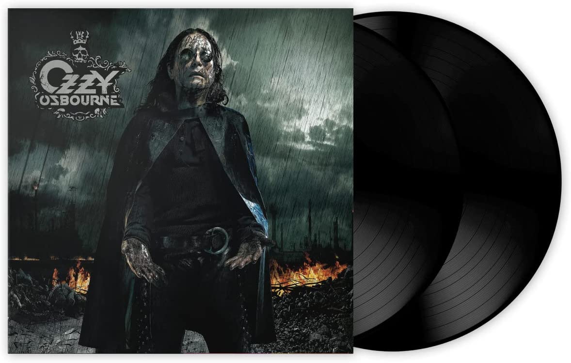 Ozzy Osbourne standing in rain against a backdrop of fire and a dark sky.