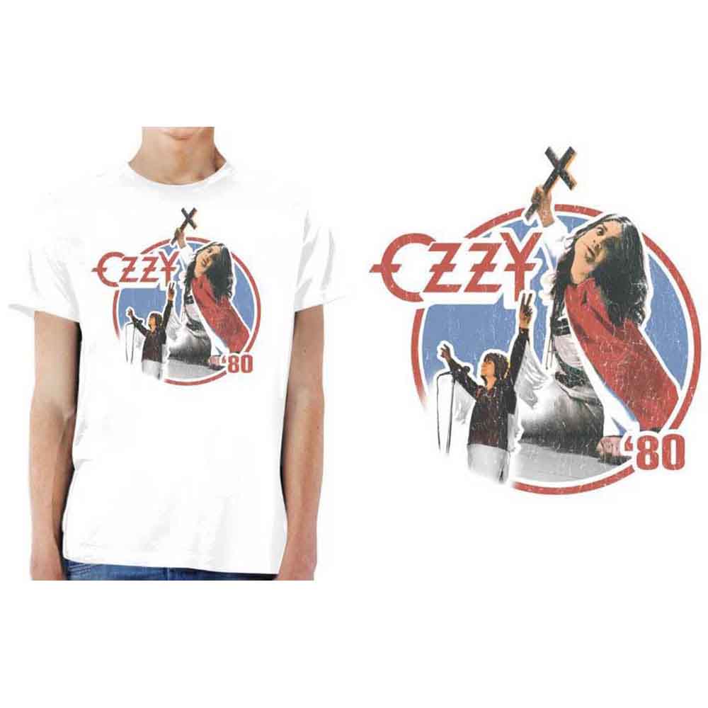 White t-shirt featuring a vintage Ozzy Osbourne Blizzard of Ozz graphic print.