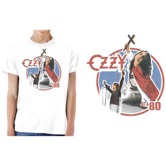 White t-shirt featuring a vintage Ozzy Osbourne Blizzard of Ozz graphic print.