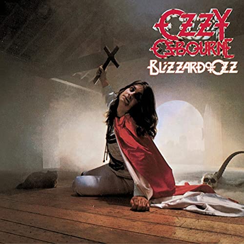 Ozzy Osbourne’s “Blizzard of Ozz” album cover with a gothic, dark fantasy scene.