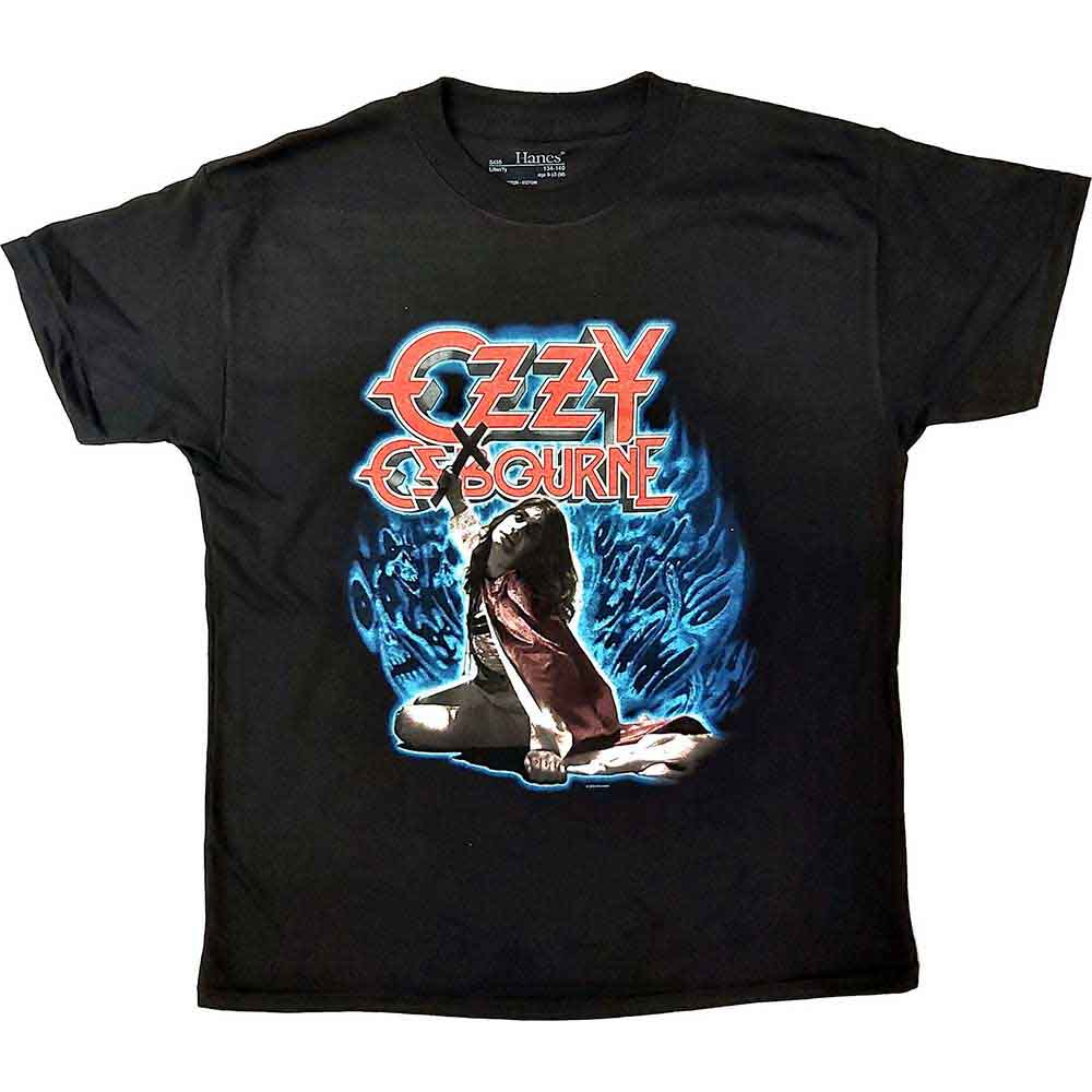 Black kids' t-shirt featuring Ozzy Osbourne’s “Blizzard of Ozz” album artwork.