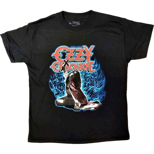 Black kids' t-shirt featuring Ozzy Osbourne’s “Blizzard of Ozz” album artwork.