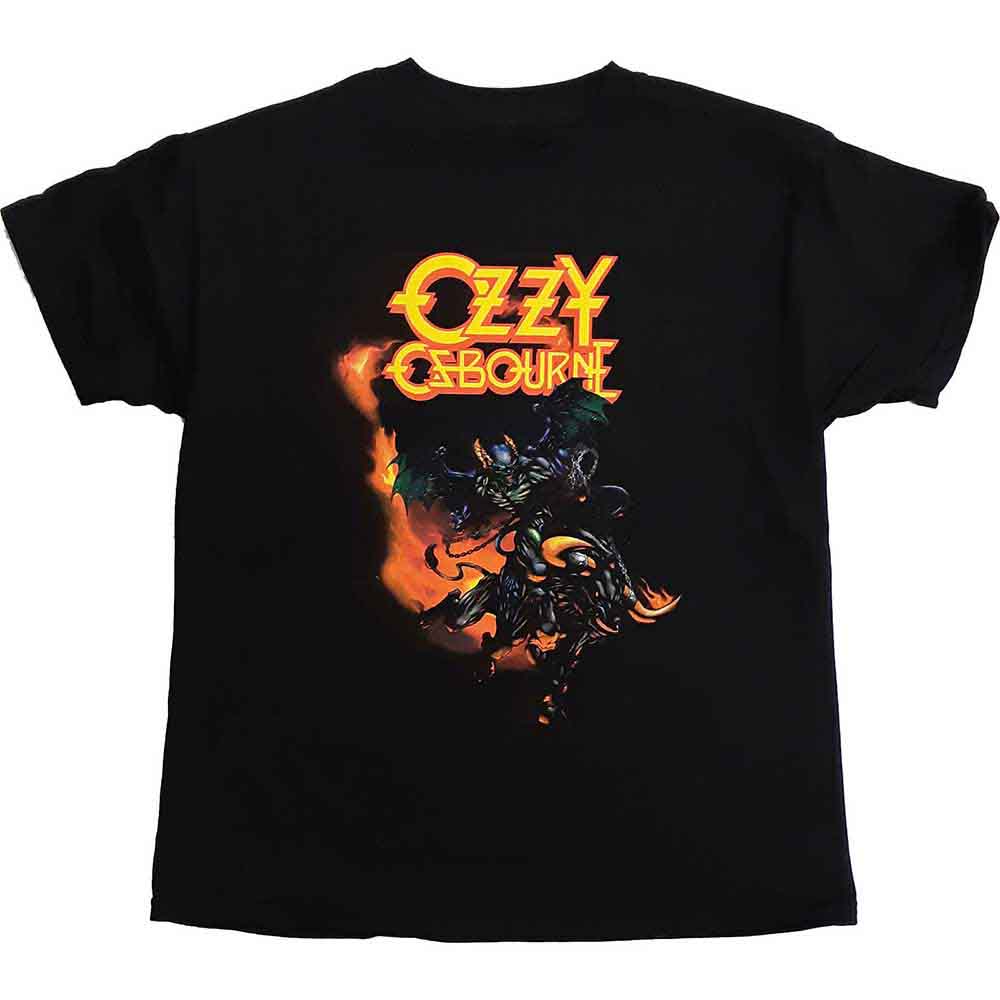 Black kids' t-shirt with a colorful, cartoonish demon bull graphic, Ozzy Osbourne themed.