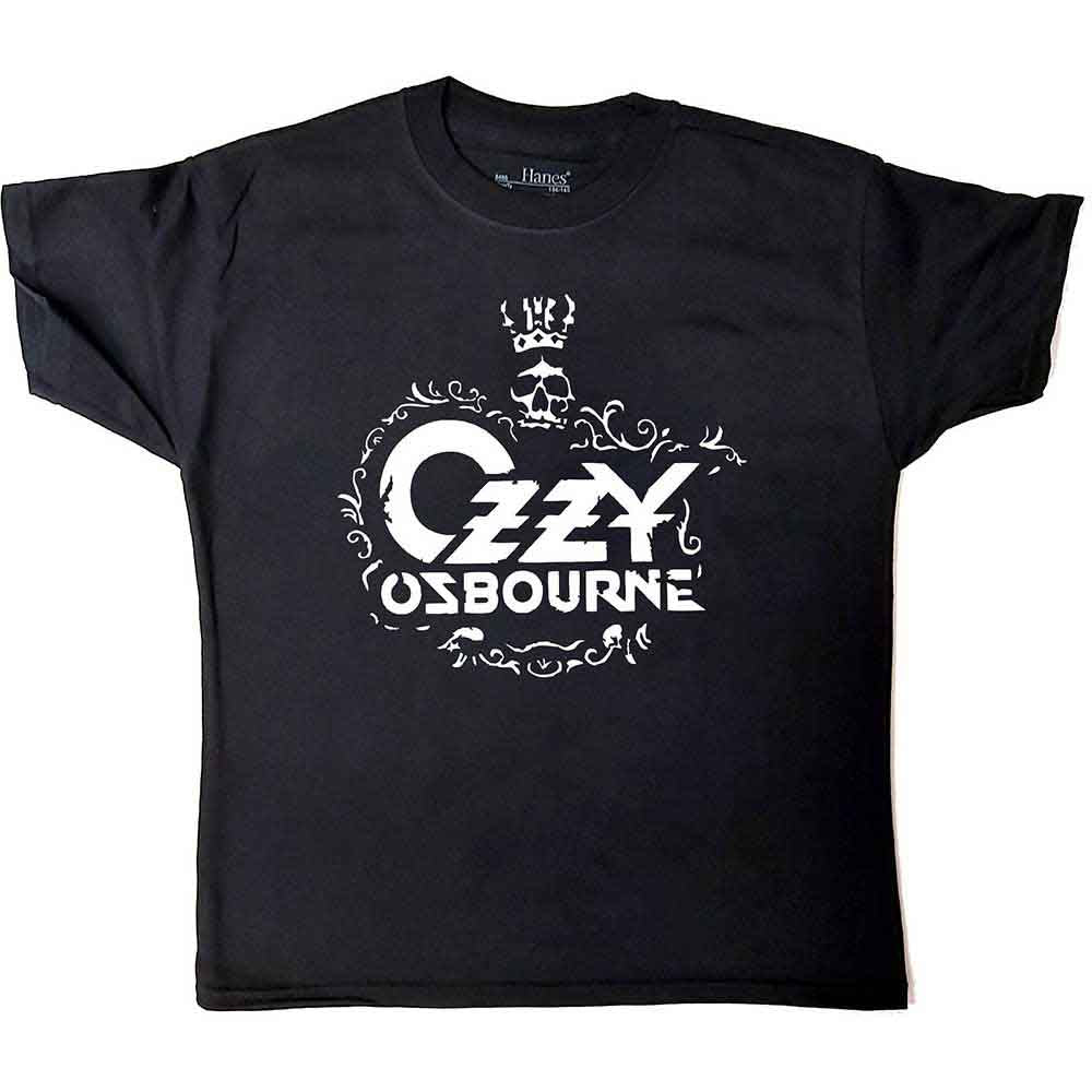 Black kids' t-shirt with Ozzy Osbourne's logo, sized for 7-8 year olds.
