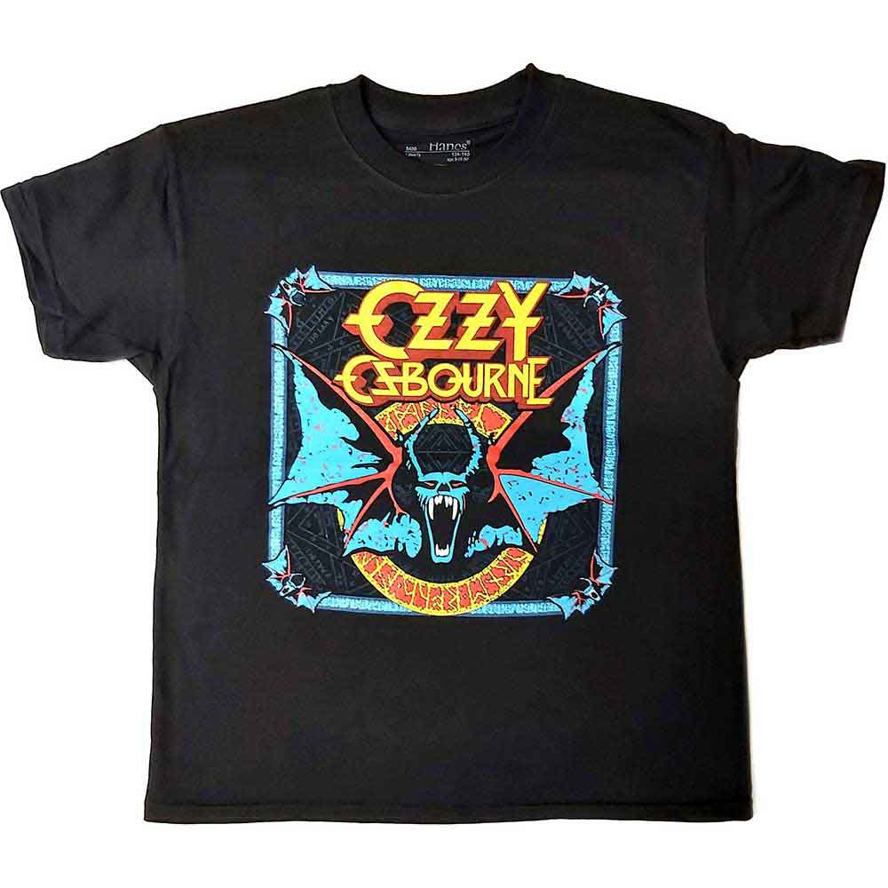 Black kids' t-shirt featuring Ozzy Osbourne's "Speak of the Devil" album artwork.