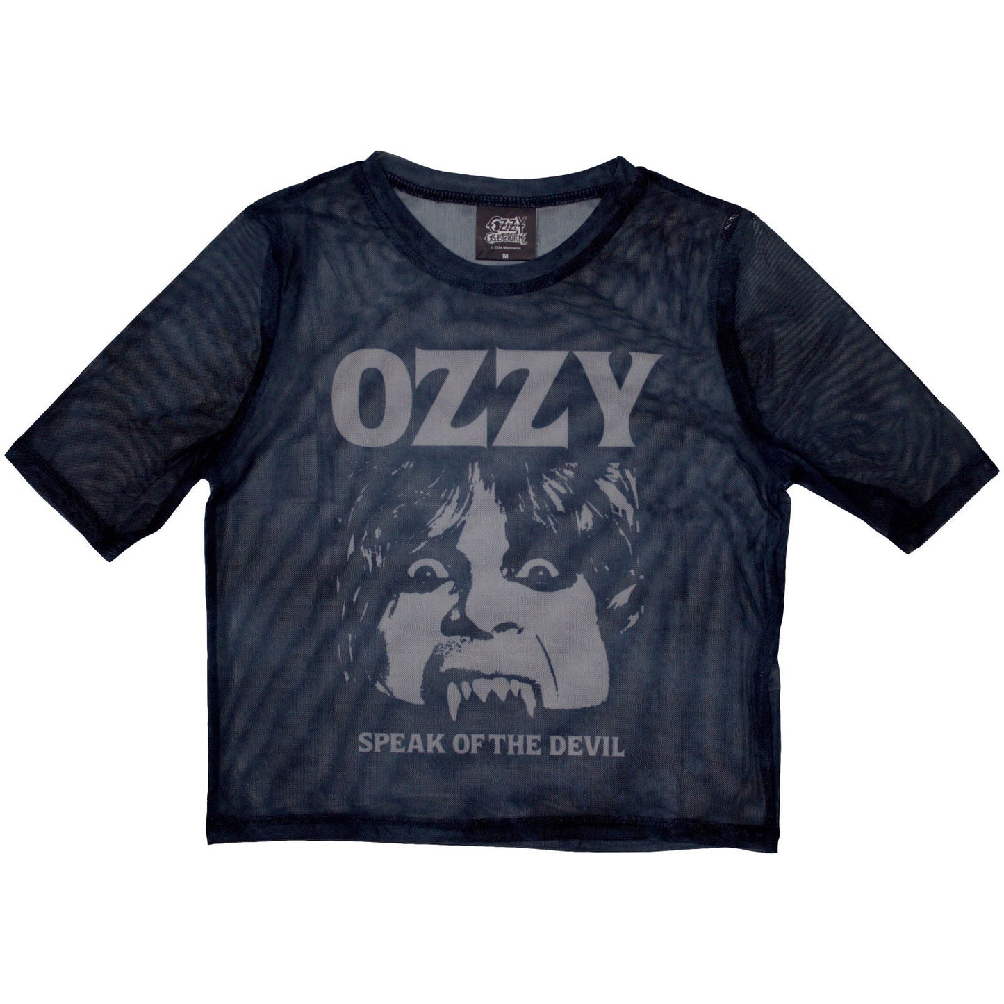 Black mesh crop top featuring an Ozzy Osbourne Speak of the Devil graphic print.