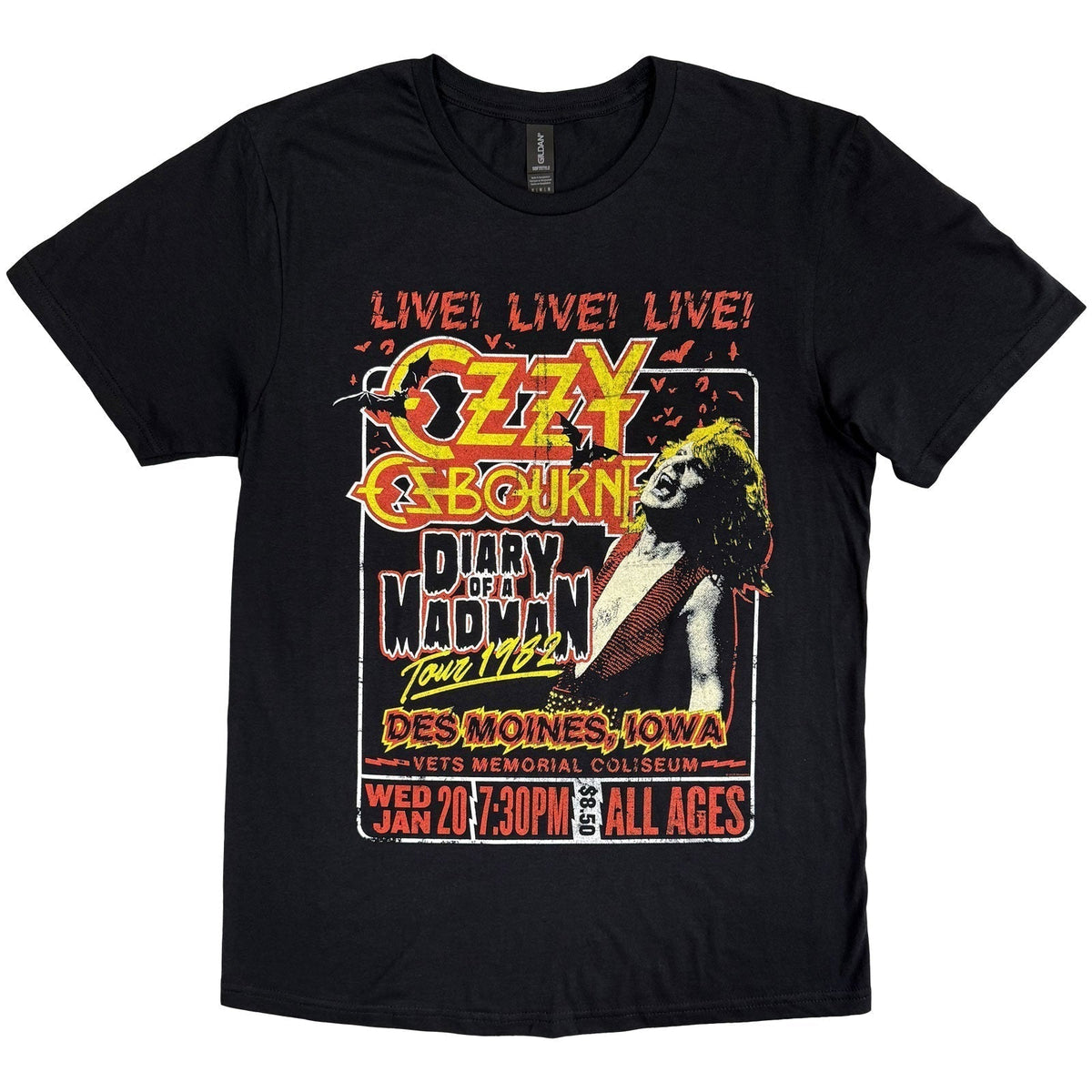 Black t-shirt with distressed graphic of Ozzy Osbourne’s “Diary of a Madman” tour.