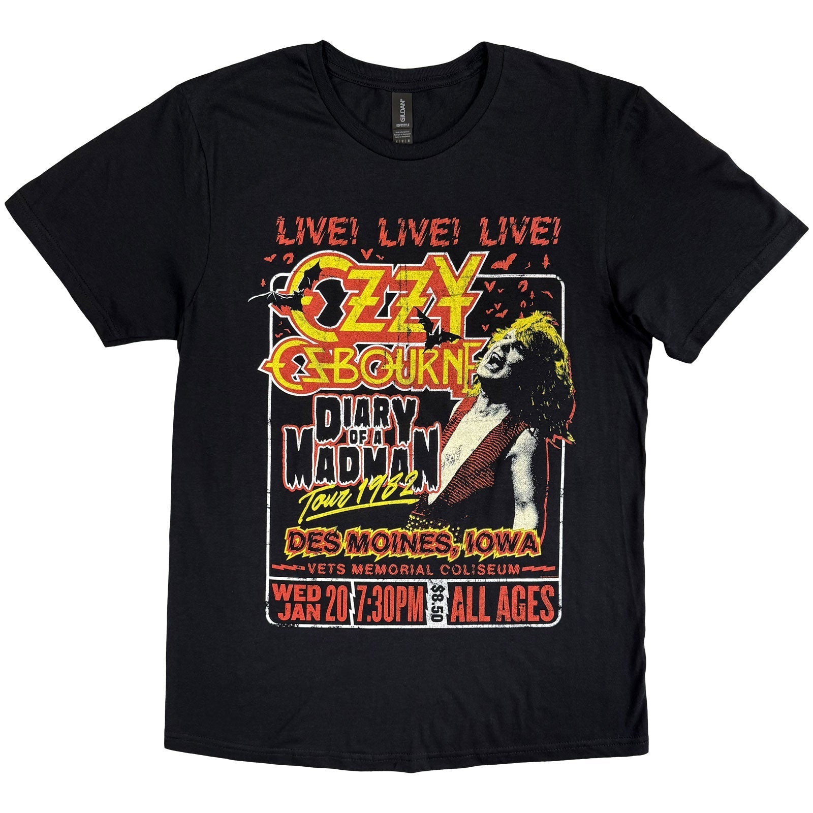 Black t-shirt with distressed graphic of Ozzy Osbourne’s “Diary of a Madman” tour.