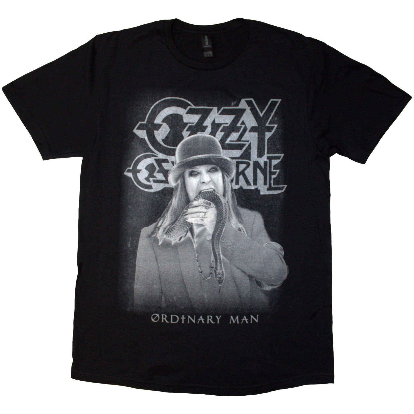 Black t-shirt with a grayscale image of Ozzy Osbourne and a snake.