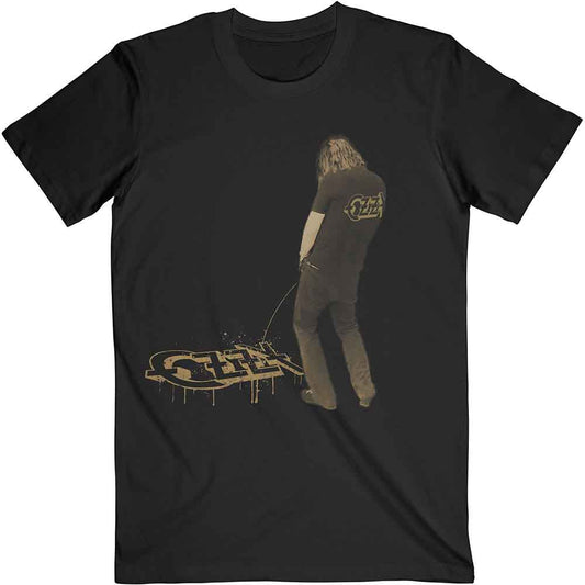 Black t-shirt featuring a graphic of a person urinating on an Ozzy logo.
