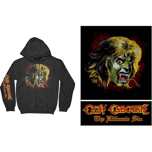 Black hoodie with Ozzy Osbourne’s demonic face graphic print.