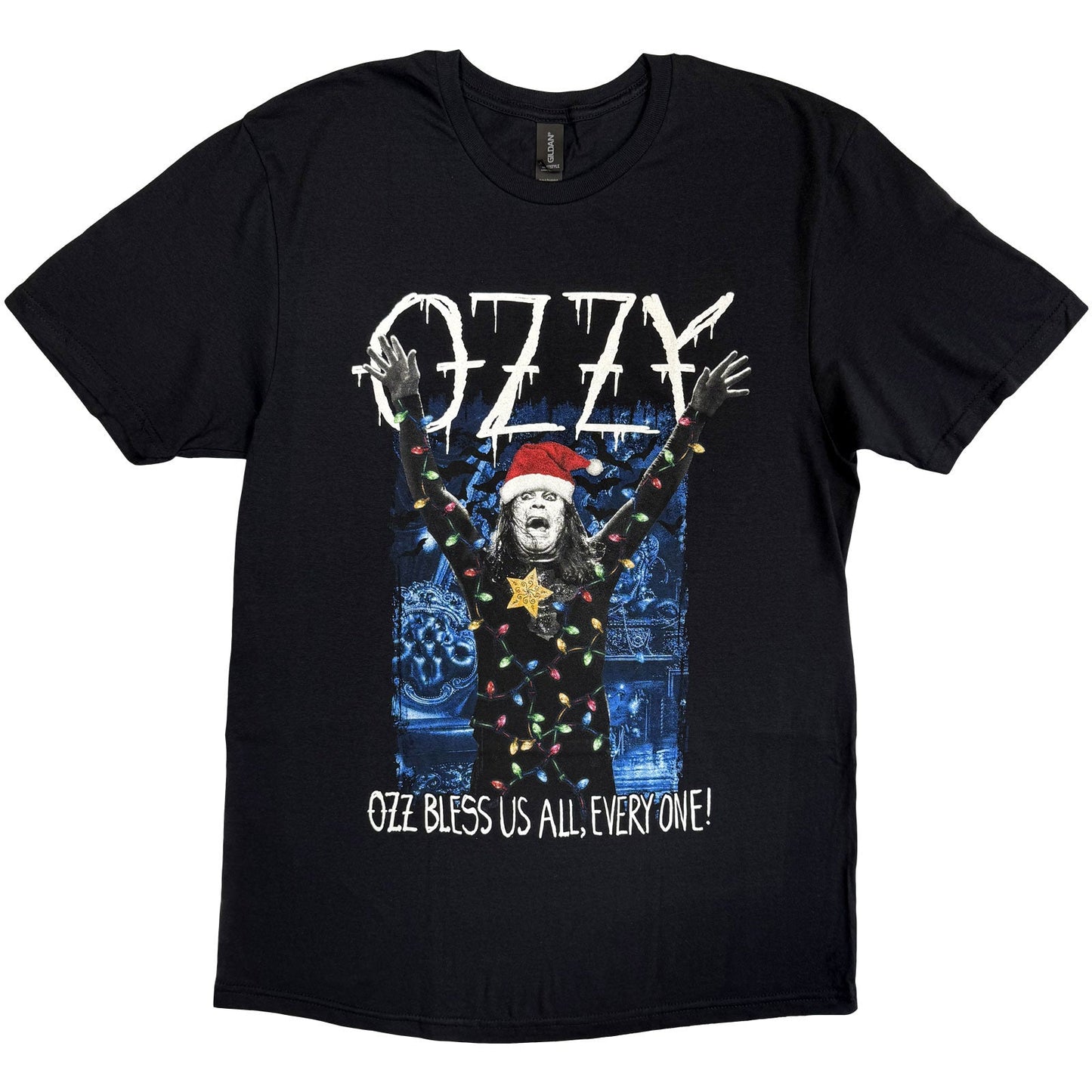 Black t-shirt featuring Ozzy Osbourne with arms outstretched in a holiday scene.