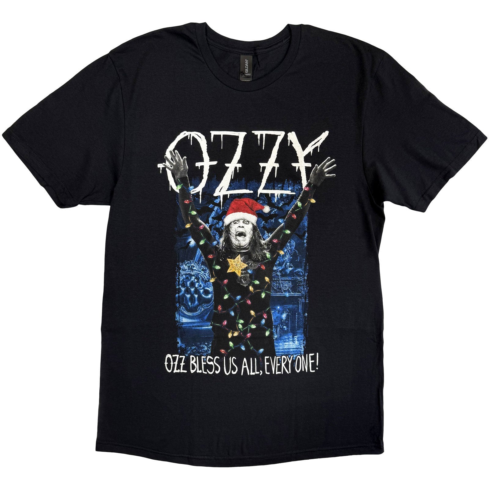 Black t-shirt featuring Ozzy Osbourne with arms outstretched in a holiday scene.