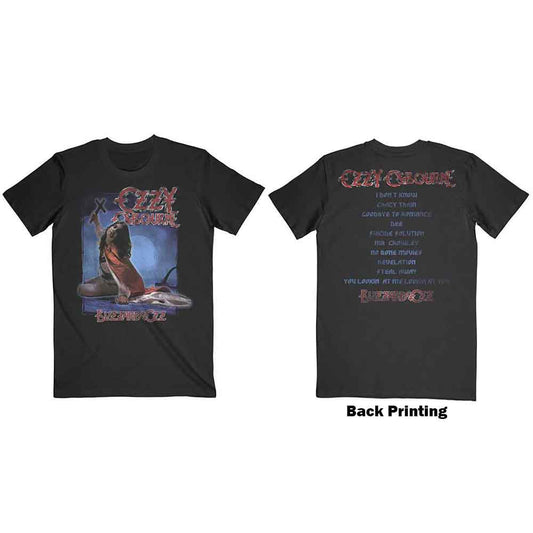 Black Ozzy Osbourne "Blizzard of Ozz" album artwork t-shirt on a model.