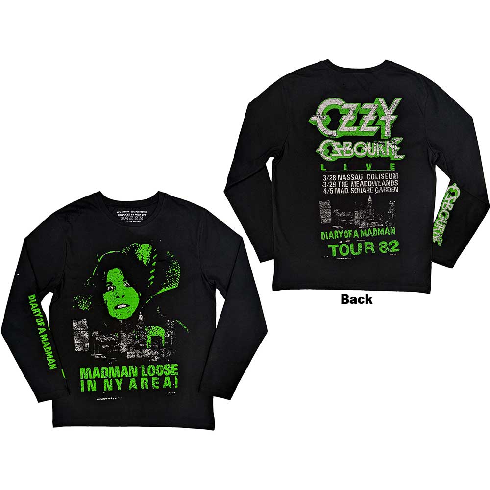 Black long sleeve t-shirt with Ozzy Osbourne’s “Madman” artwork on back and sleeves.